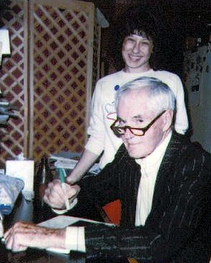 This image of Timothy and me was a Polaroid taken by Ron Lawrence in our living room. Timothy was signing copies of "Timothy Leary's Greatest Hits, Vol. I" - in 1989.