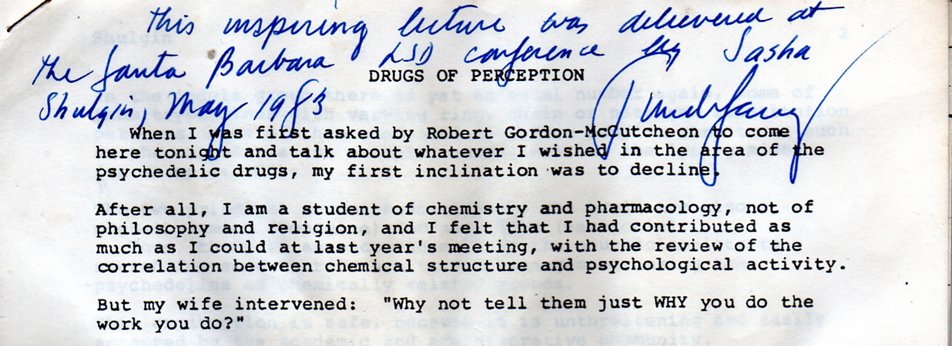 Timothy Leary's personal note on a copy of the transcript of Sasha's talk.   